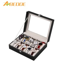 Abedoe 10 сетка слотов часы коробка роскошные кожаные Дисплей Часы Коробки квадратный футляр для хранения ювелирных изделий Организатор держатель