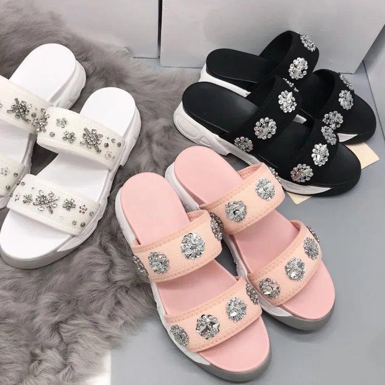 

European Station rhinestone Sandals female open toe flat shoes beaded flowers muffin thick bottom casual women slippers