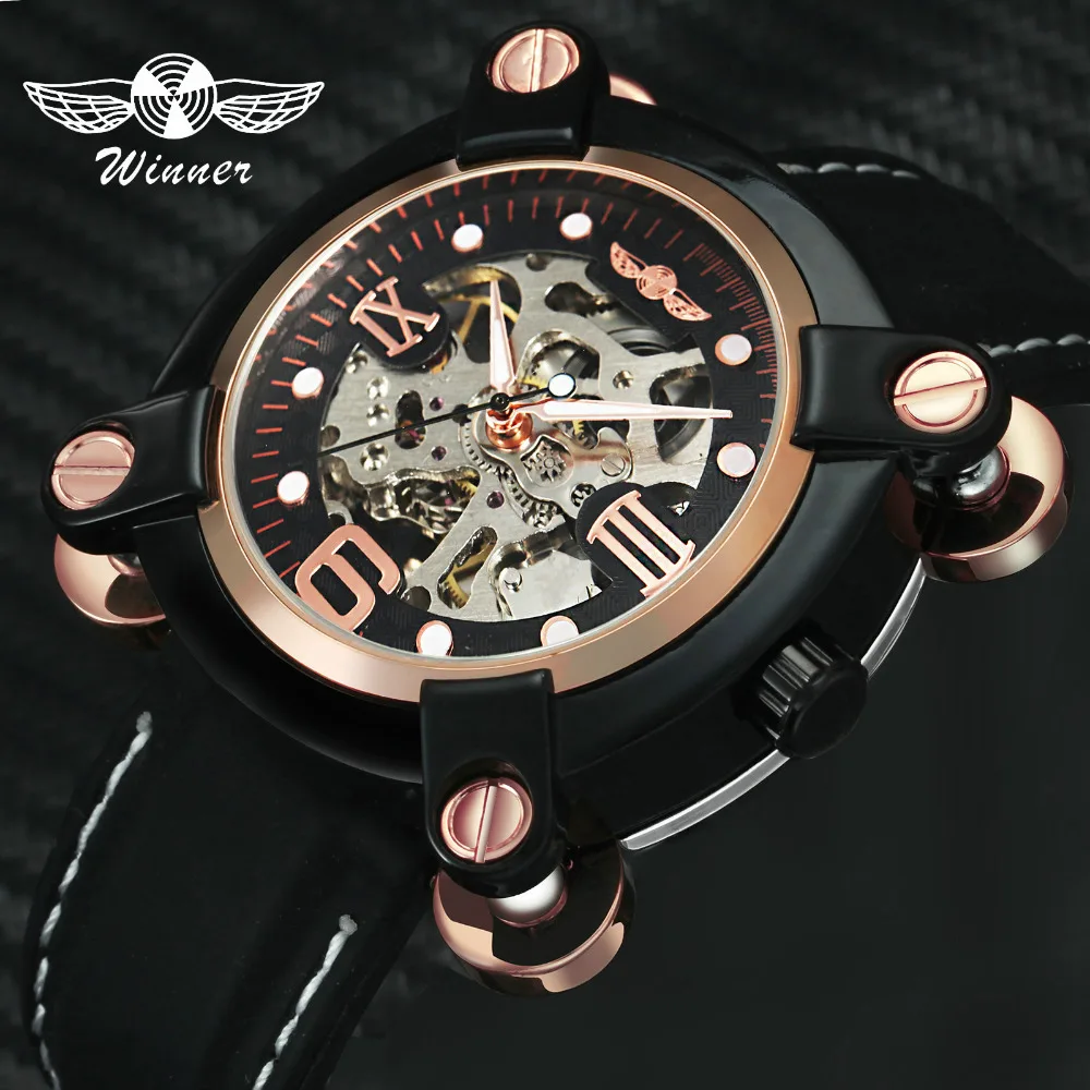 WINNER Steampunk Мужские автоматические механические наручные часы с кожаным ремешком 3D