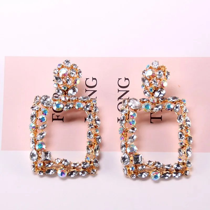 

Multicolor Square Crystal Drop Earrings Women Big Drop Earrings Boho Gold Color Metal Pendant Earrings