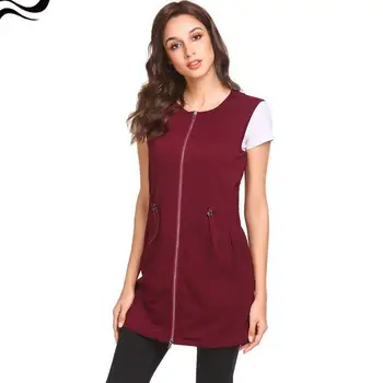 

Zeagoo Casual O-Neck Sleeveless Zip-Up Drawstring Waist Women Long Vest
