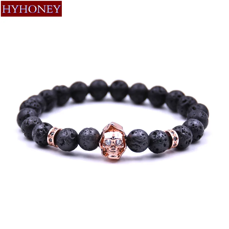 

HYHONEY Lava Natural stone Beads Bracelet men Micro Pave CZ Dark Skull Strand Bracelet Energy Jewelry