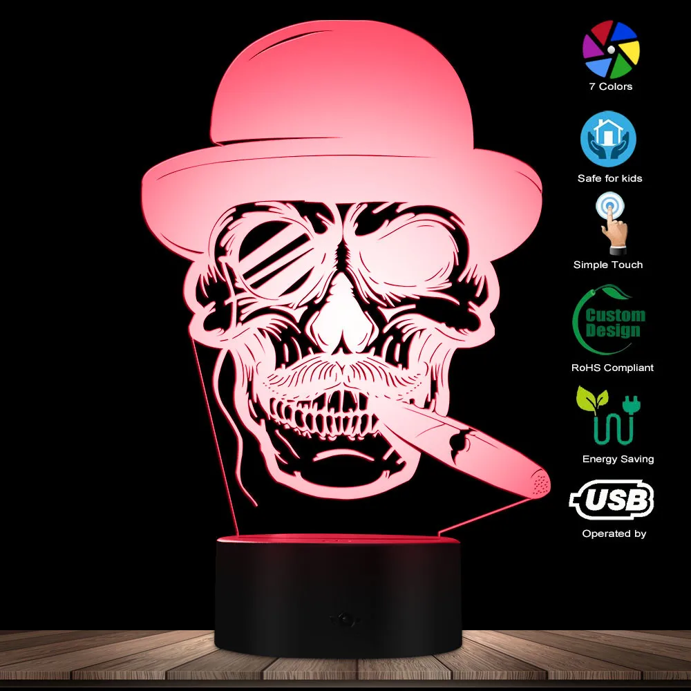 1 шт. Череп в шляпе с сигарой и монокль эмблема 3D подсвеченный знак курение сигар череп в виде скелета на Хэллоуин дым светодиодный ночник