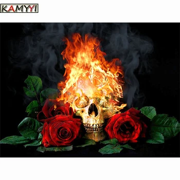 

5D DIY Diamond Embroidery Diamond Painting Fire Golden Skull Cross Stitch Full Square Rhinestone Mosaic Decoration Gift