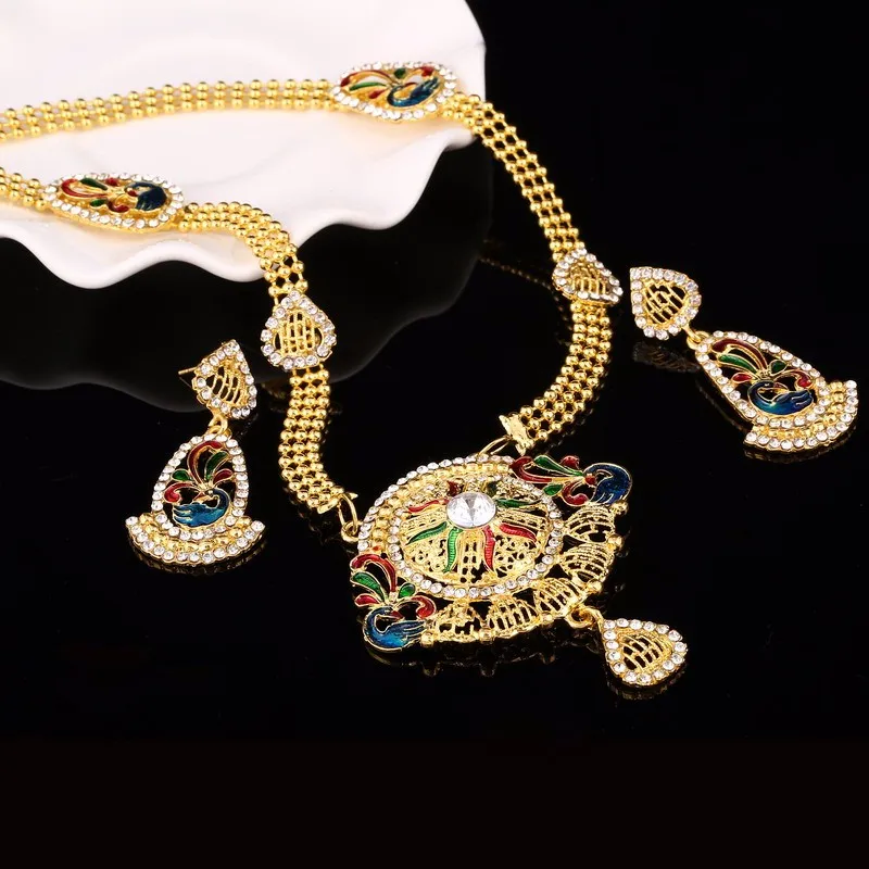 Женский индийский нигерийский Свадебный ювелирный набор, красочные эмалированные африканские бусы, цветы, кулон, ожерелье, серьги, набор, 24K золотое наполнение