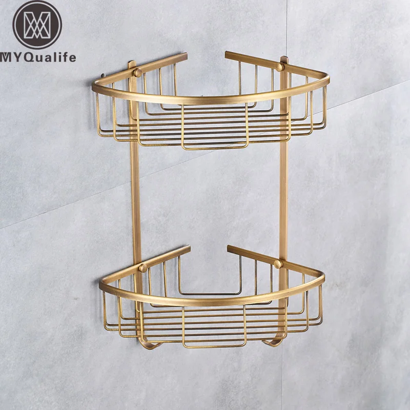 Wall Mounted Antique Brass Shelf Double Layer Shower Bath Cosmetic