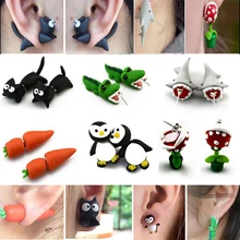 Модные серьги-гвоздики в виде животных ручной работы из полимерной глины, акулы, крокодила, кота, пираньи, серьги для женщин, серьги для пирсинга, ювелирные изделия