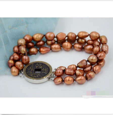 

P4780 3row 8" 10mm coffee baroque freshwater cultured pearl bracelet @^Noble style Natural Fine jewe SHIPPING 5.25