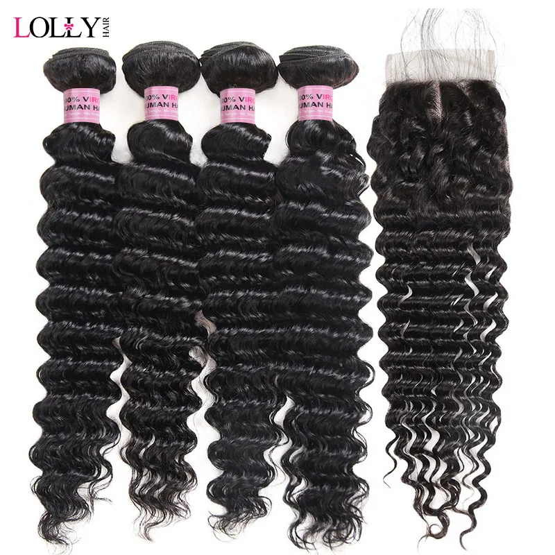 Lolly 3/4 Deep Wave Bundles with Closure Non Remy Human Hair Weaves with Lace Closure Brazilian Hair Weave Bundles with Closure Lolly 3/4 Deep Wave Bundles with Closure Non Remy Human Hair Weaves with Lace Closure Brazilian Hair Weave Bundles with Closure