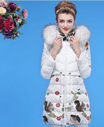 Winter Coat Women 2015 Elegant Ladies Floral Print Slim Long Parkas Fashion Women Fur Collar Wadded Jackets H5590