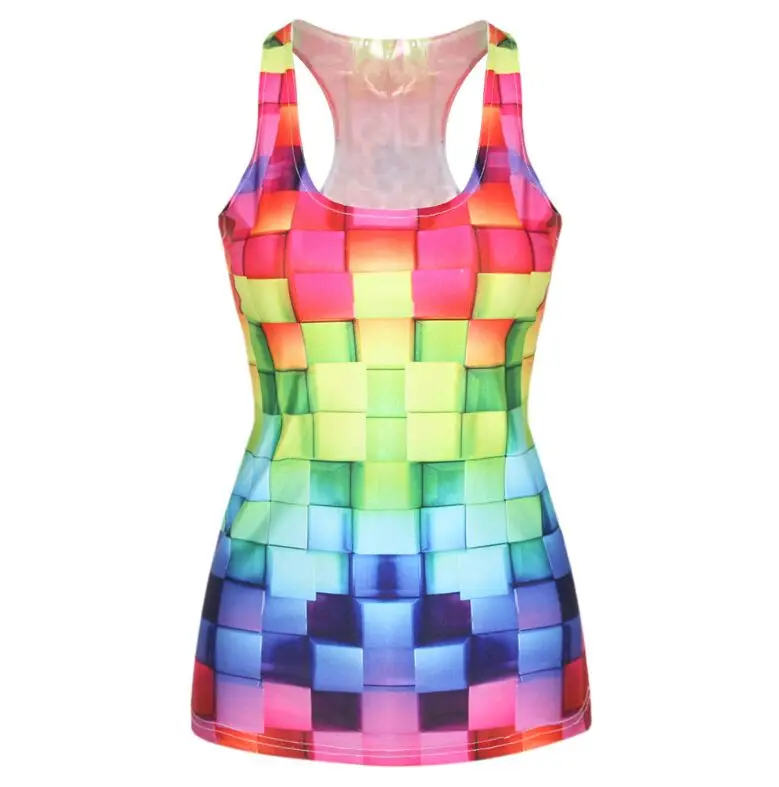 Tanque para Senhoras de Verão Topos sem Mangas Multi Cores Impresso Pescoço Dança Ginásio Esportes Camiseta Yoga Roupas Canotte Palestina Donna u