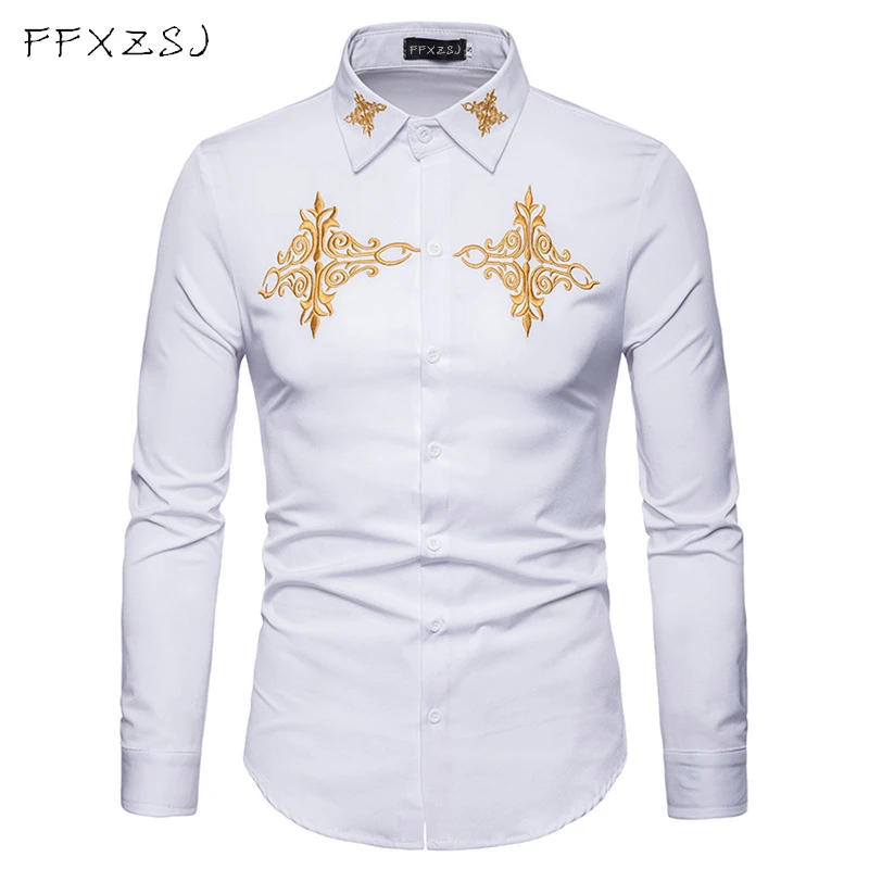 FFXZSJ brand Spring Royal Court Style Solid  Floral  Embroidered  Solid Dress Lapel shirt Slim Fit Casual Long Sleeve men Shirt 