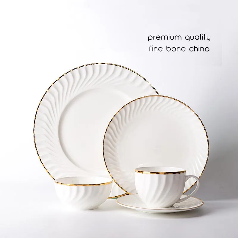 

Golden Edge Dinnerware Set White Revolving Reliefs Depict Golden Tableware Bone China Dinner Plate Soup Bowl Cup And Saucer 1pcs