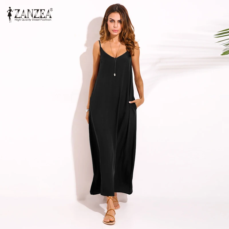 

ZANZEA 2019 Summer Style Women Strapless Sexy V Neck Sleeveless Dress Casual Loose Long Maxi Solid Dress Vestidos Plus Size