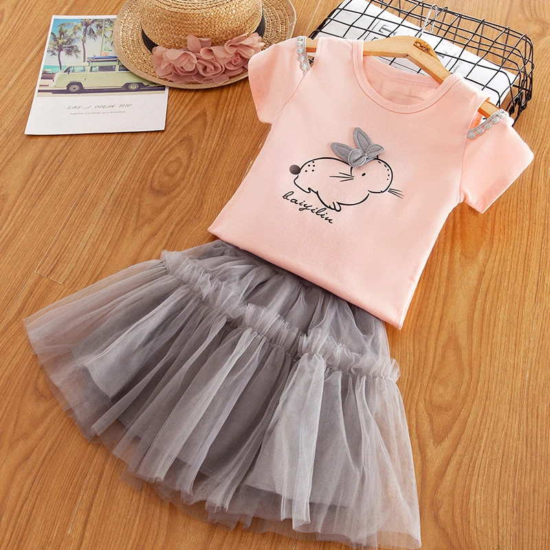 

Girls 2019 Summer Baby Girls Clothing Sets Cartoon Bunny T-Shirts+Net Veil Dress Outfits 2Pcs Girls Kids Clothes 3 4 5 6 8 Years