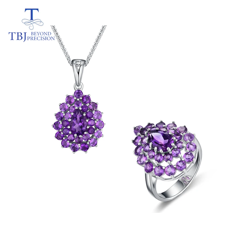 

TBJ,Water Drop gemstone Jewelry set pendant and Ring with natural africa amethyst gemstone for women in 925 silver with gift box