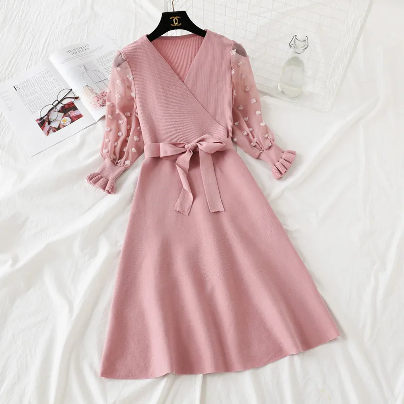Демисезонный, нежный, с v-образным вырезом, трикотажные платья с поясом Фонари рукавами Сетчатое платье Повседневная обувь на завязках с оборками Vestidos M531 - Цвет: Three Quarter Pink