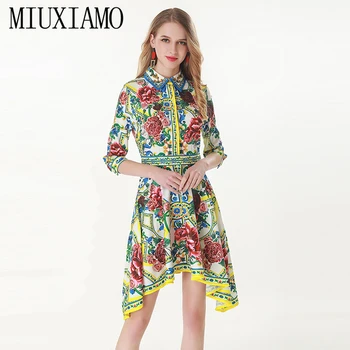 

MIUXIMAO High Quality 2019 Blue and White Porcelain Dress Diamonds Flower Rose print Eleghant Casual Dress Women vestido