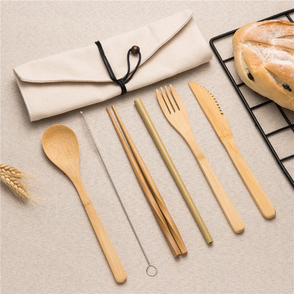

Wooden Dinnerware Set Travel Cutlery Wood Knife Dinner Fork Spoon Set Chopsticks Straw with Brush Cloth Bag Home Tableware Set