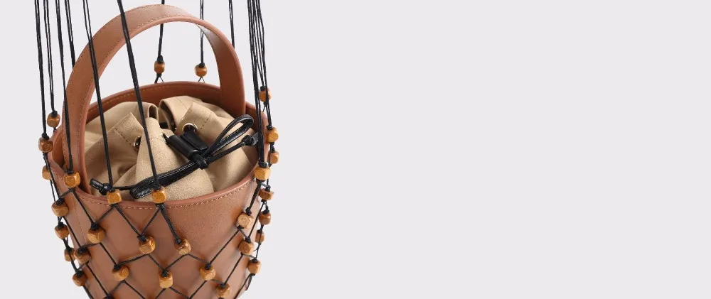 Blascher Summer Women Bags New Fashion Genuine Leather New Frosted Wooden One-Shoulder Handbag Bead Hanging Fishing Net Bag SQ64 (7)