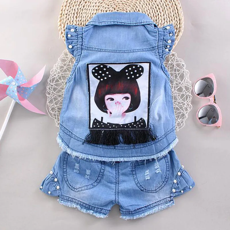 spring girls clothign sets cowboy two-piece suit for girls (3)