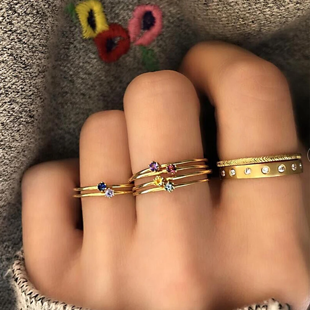 

8 Pcs/set Women's Simple Colorful Crystal Geometric Gold Ring Set Exquisite Party Wedding Jewelry Accessories