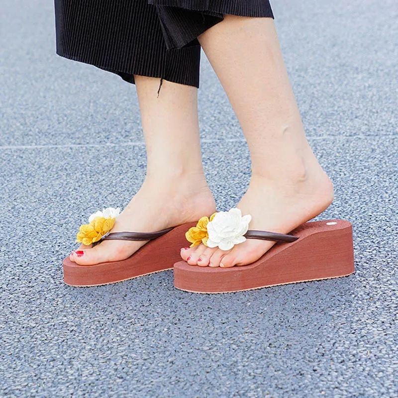 Flower Decoration New 2018 Women Wedge Sandals High Heels Comfortable Wearing Flip Flops Outside Home Slippers Shoes Woman Girls (3)
