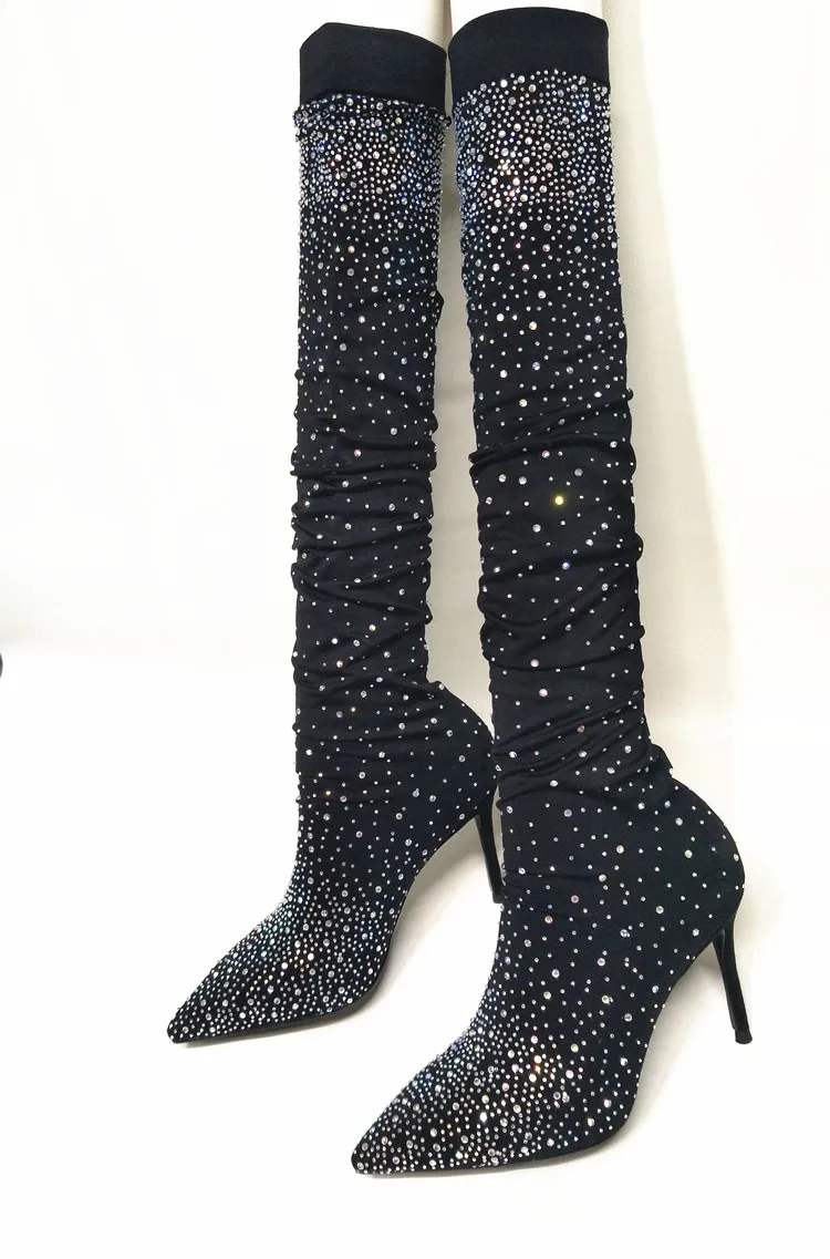 Negras En Club De Moda Deslizantes Para Lujo Cristal Botas Supercalientes Tacón La Stiletto Calcetín Alto Sobre Damas Rodilla TExnqZ
