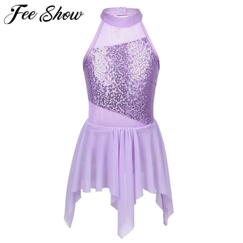

Teens Girls Sequins Ballet Leotard Dresses Children Irregular Ballet Tutu Dress Kids Figure Skating Stage Lyrical Dance Costumes