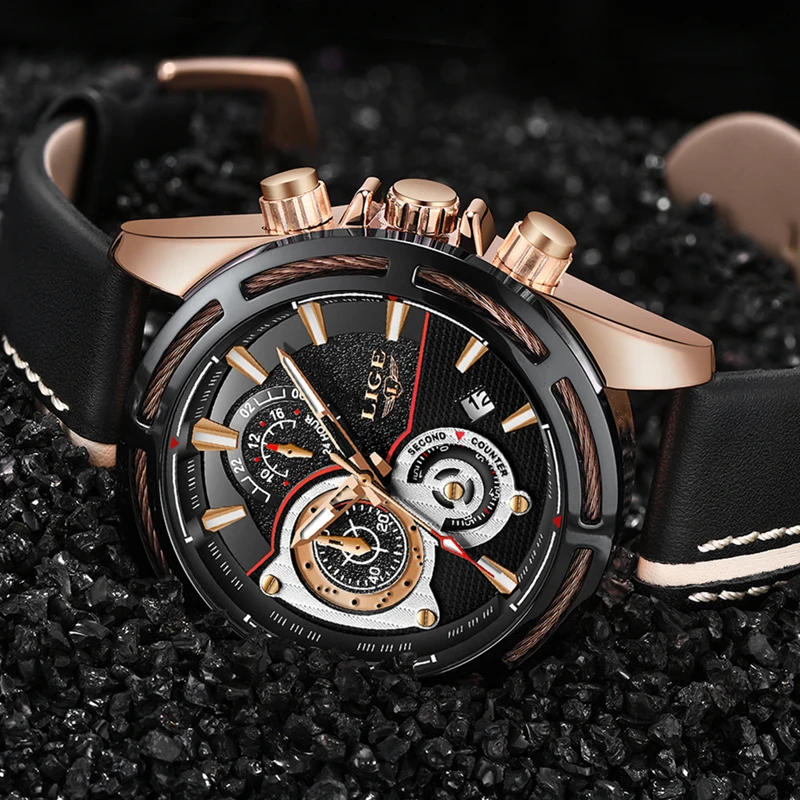 Relogio Masculino LIGE Mens Watches Top brand luxury Fashion Military Quartz Watch Mens Leather Business Waterproof Sport Watch