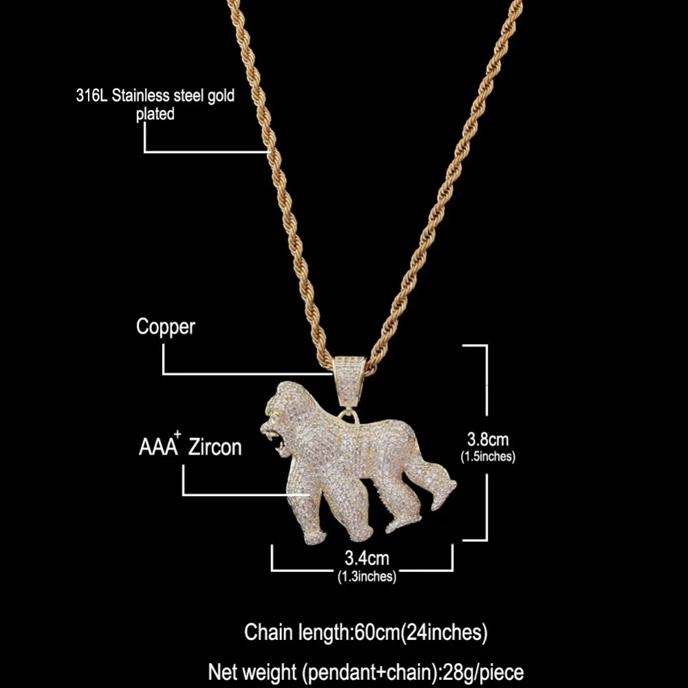 Шикарный король пользовательские гориллы плесень ожерелье хип-хоп полный Iced Out кубического циркония Золотой Серебряный CZ камень
