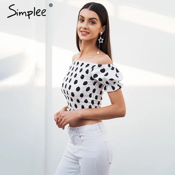 

Simplee Chic casual polka crop shirt women Elastic smocking skinny crop top Puff sleeve short summer tank camisole female