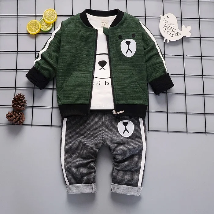 IENENS/комплект осенней одежды из 3 предметов для маленьких мальчиков Детская Хлопковая одежда для мальчиков повседневные костюмы, пальто+ футболка+ штаны - Цвет: Green