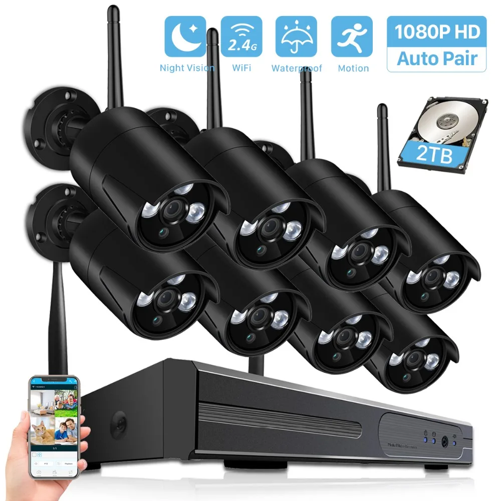 

BESDER 8CH WiFi NVR Kit 1080P Auto Pair P2P Wireless Security System 8CH 2.0MP CCTV Kits 8PCS Outdoor Waterproof Cameras System