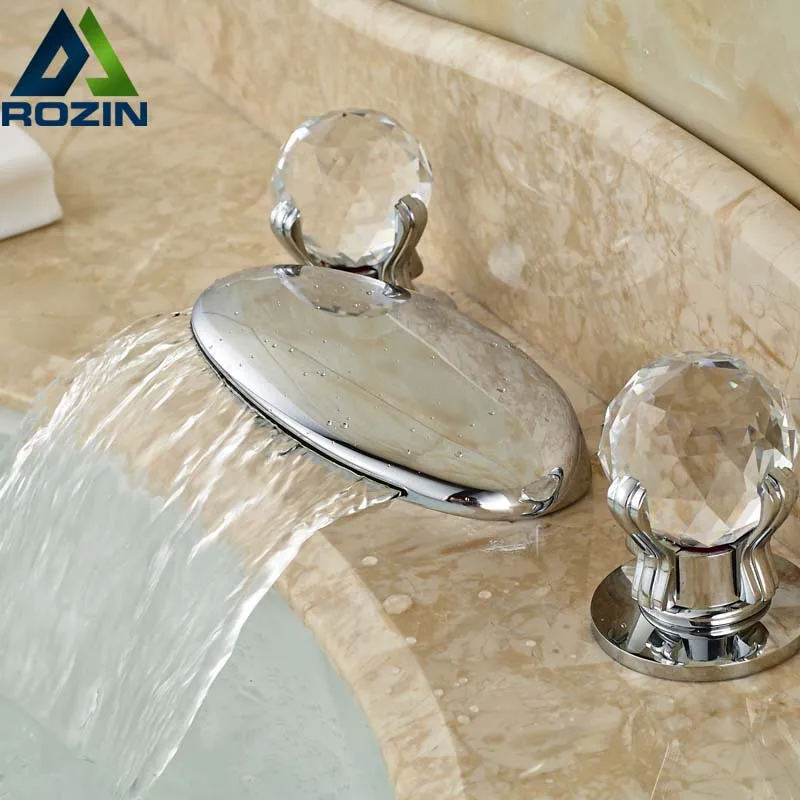 

High-end Basin Countertop Faucet Waterfall Widespread Double Handles Crystal Deck Mounted Taps Chrome Finish