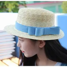 Соломенная шляпа для защиты от солнца, шляпа-канотье для девушек, летние шляпы с бантом для женщин, Пляжная соломенная шляпа на плоской подошве, соломенная шляпа, женская шляпа
