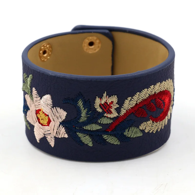 

Kirykle 2019 New fashion PU leather embroidered personality wide bracelets & bangles women bracelet multi-color