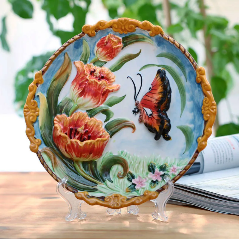 Роскошная Бабочка и цветок фарфоровые декоративные тарелки для висящая керамическая ваза рельефная ручная роспись настенная тарелка свадебный подарок