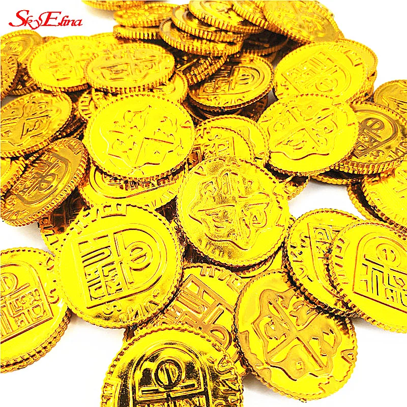 

50Pcs&100Pcs Spanish Gold Coin Plastic Pirate Money Coin Game Chip Coin Party Supplies For Kids Toy Coins Halloween 5Z