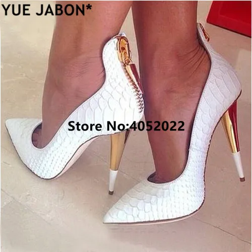 YUE JABON White Embossed Leather Femme Pointed Toe Pumps Gold Zipper Women High Heels Shoes Wedding Shoes Dress Shoes
