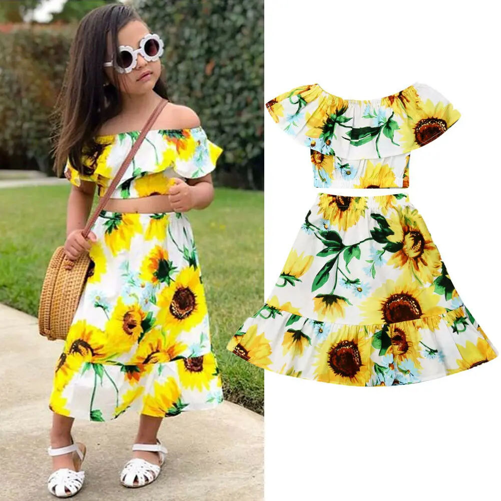

Pudcoco 2019 Summer Flowers Kids Baby Girl Newborn Off Shoulder Crop Tops Skirt Sunflower Yellow Sunsuit Outfit Clothes Set