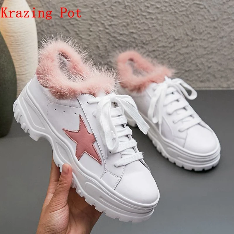 

Krazing Pot natural leather brand shoes mane fur princess style fairy round toe sneaker for women Oxford vulcanized shoes L7f9