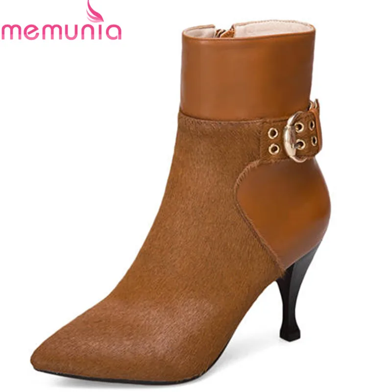 

MEMUNIA 2018 newest Horse hair +genuine leather ankle boots for women pointed toe autumn winter boots high heels dress shoes