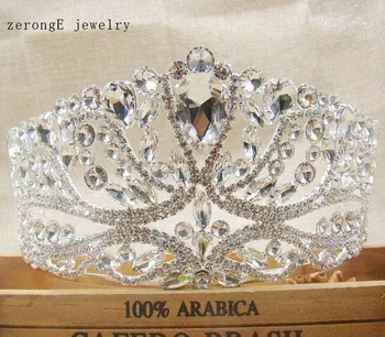 

Luxury Silver Large Wedding Pageant Tiara Headband with earring Crystal Bridal pageant Crown For lady Hair Jewelry Tiaras