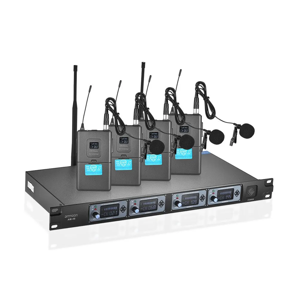 

ammoon 4S Professional 4 Channel UHF Wireless Lavalier Lapel Collar Clip-on Microphone System 4 Mics 1 Wireless Receiver