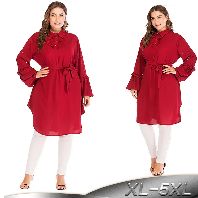Размера плюс красная с длинным рукавом ОАЭ абайя Дубай мусульманский шифон оборками хиджаб рубашка Женская кимоно блузка Camisas Roupas Feminina