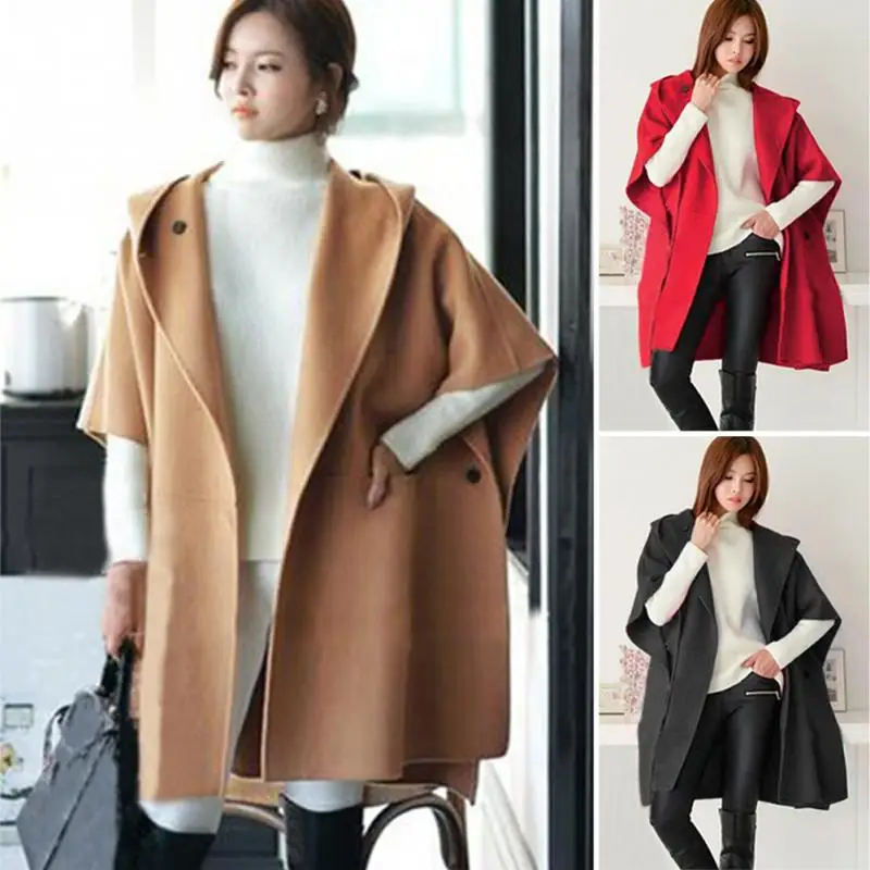 

2018 Plus Size Women Winter Casual Windbreaker Open Warm Soft Fleece Woolen Loose Hooded Batwing Cloak Cardigan Coat #109*