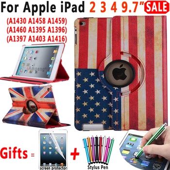

360 Degree Rotatable UK/US Flag Smart Auto Sleep Awake Leather Stand Cover Case for Apple iPad 2 3 4 9.7 Coque Capa Funda