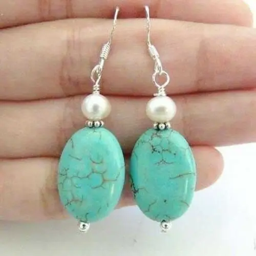 

00 FREE SHIPPING dlovely 7-8mm white pearl&turquoise 925 silver earrings jewelry
