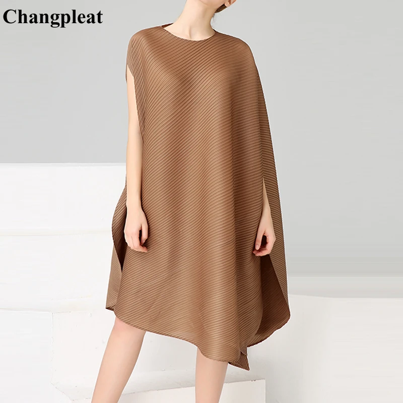 

Changpleat Summer 2019 New Women Irregular Dresses Miyak Pleated Fashion Design Solid O-neck Loose Large Size Female Dress Tide